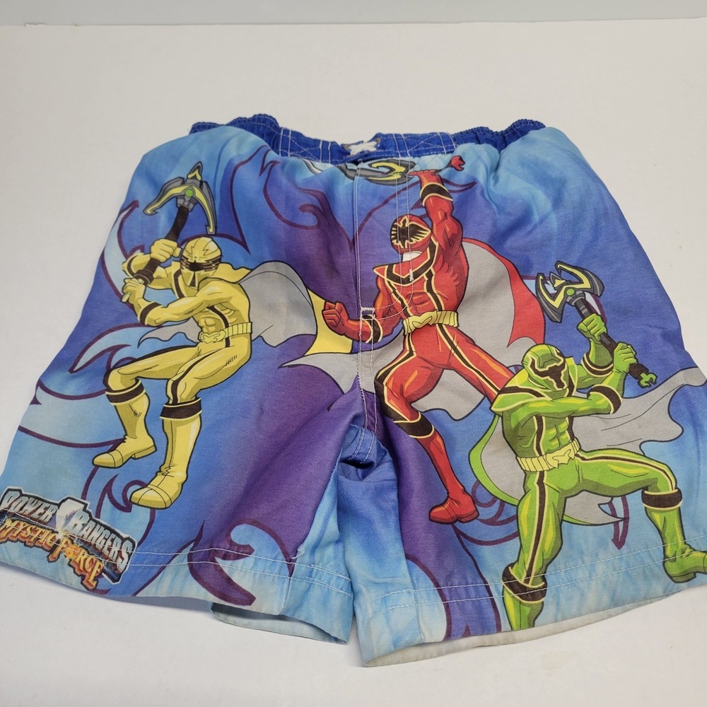 Vtg Power Rangers Mystic Force Boys Swim Trunks Blue Graphic Board Shorts Size 4